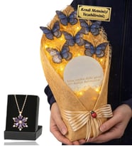 Kişiye Özel Premium Hediye Led Işıklı Aynalı Kelebek Buketi ve Gerçek Ametist Taşlı Lotus Kolye (Mavi)