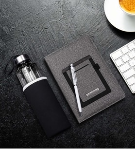Kişiye Özel Beyaz Touch Pen & Telefon Cepli Gri Defter & Özel Kılıflı 500Ml Cam Matara Hediye Seti