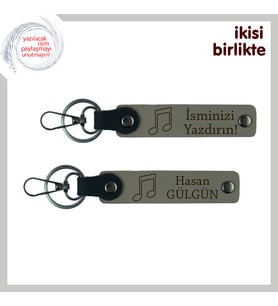 Nota Motifli Sade ve Anlamlı Tasarım, Kişisel İsimli Deri Anahtarlık Takımı, Kül Gri-Kül Gri