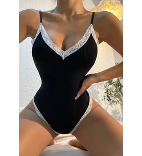 Northcity Kadın Beyaz Dantel Işlemeli Siyah Tulum Gecelik H110537