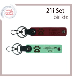 Minik Patili Kalp Figürlü Deri Anahtarlık Set, Hayvansever Arkadaşa, İsim Yazılabilir, Bordo-A Yeşil