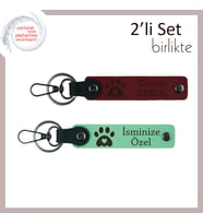 Minik Patili Kalp Figürlü Deri Anahtarlık Set, Hayvansever Arkadaşa, İsim Yazılabilir, Bordo-A Yeşil