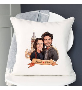 Sevgiliye Hediye Kişiye Özel Galata Kulesi ve Aşkımız Karikatürlü Yastık