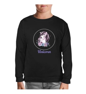 Unicorn Çiçek Anneler Günü Siyah Çocuk Sweatshirt
