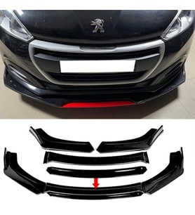 Peugeot 208 Siyah Renkli Şeritli Dilli Ön Lip 4 Prç Parlak Siyah ABS