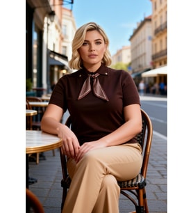 Kadın Bluz Polo Yaka Kısa Kol Düz Desen Çıkarılabilir Fularlı İnce Tek Plaka Dokuma Triko Regular