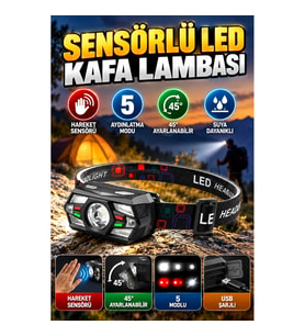 Şarjlı Sensörlü LED Kafa Lambası – 5 Modlu, 45° Ayarlanabilir ve Suya Dayanıklı