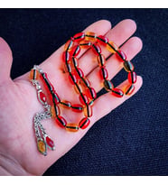 Kişiye Özel 9x12 mm Sarı Kırmızı Ateşi Kehribar Tesbih  Taraftar Tesbih (Bordo-Lacivert)
