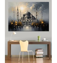 Gece Işıkları Altında İstanbul Camii Dekoratif Kanvas - Mdf Ahşap Tablo