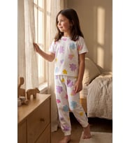 Pastel Renkli Çiçek Desenli Beyaz Kız Çocuk %100 Pamuk Pijama Takımı