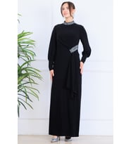 Melisa Sarkaçlı Tesettür Abiye Siyah