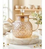 Isıya Dayanıklı Baklava Desen Cam Demlik – Bambu & Metal Kapaklı Kulplu Süzgeçli 1000 ML