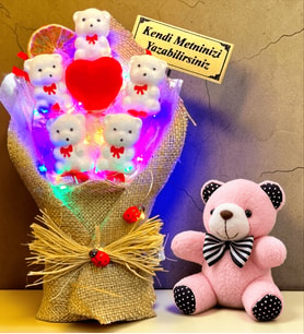 Kişiye Özel Renkli Led Işıklı Ayıcık Buketi ve Pembe Peluş Ayıcık Anahtarlık Hediye