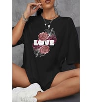 Love Baskılı Kadın Oversize Pamuklu Siyah Tişört