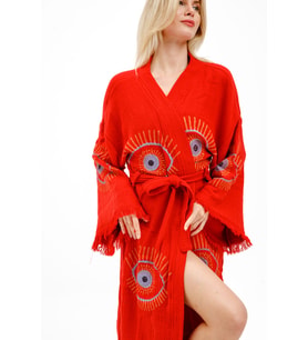 Müslin Kimono %100 Pamuklu Göz Baskılı Desenli Bornoz Kaftan Sabahlık (Kırmızı)