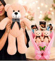 Kişiye Özel 3 Fotoğraflı Pembe Ayıcık Buketi ve Büyük Boy Pembe Peluş Ayıcık
