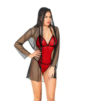 Bodysuıt ve Sabahlık Takim (Siyah-Kırmızı)