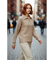 Kadın Oversize Polo Yaka Düşük Kol Fitilli Triko Kazak Kışlık Günlük Şıklığı Tamamlayan Konforlu