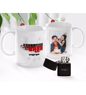 BK Gift Kişiye Özel Babalar Günü Hediyesi Fotoğraflı Kupa Bardak ve Benzinli Çakmak Seti-62 (Model 1)