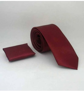 Bordo Slim Fit (ince) Düz Renk Mendilli Saten Kravat - SS-37 (Renksiz)