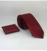 Bordo Slim Fit (ince) Düz Renk Mendilli Saten Kravat - SS-37 (Renksiz)
