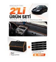 HONDA CITY (2002-2007) Uyumlu Torpido Örtüsü + Deri Bagaj Çantası + Sticker Seti - Siyah Kahverengi