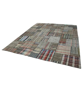 Gri El Dokuma Kilim Patchwork Stil Geometrik Desenli Şık Salon Kilimi Yatak Odası