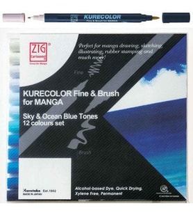 Zig Kurecolor Fine & Brush for Manga Sky & Ocean Blue Tones 12 Renk 