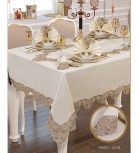 Angles Flora El İşi Yemek Takımı 17 Parça Masa Seti 8 Kişilik Supla Runner Set Krem-Gold