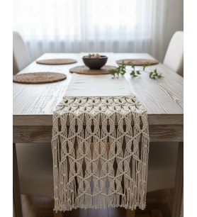 Bohem Makrome Runner,  - El Örgüsü, El Yapımı  Masa Örtüsü (35x160 cm) (Krem)