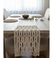 Bohem Makrome Runner,  - El Örgüsü, El Yapımı  Masa Örtüsü (35x160 cm) (Krem)