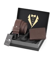 Polo Air Erkek Damat Çeyiz Koleksiyonu Kravatlı Kutuda 2'li Klasik Premium Set Kemer ve Cüzdan Seti DMT-0017 (Kahverengi)