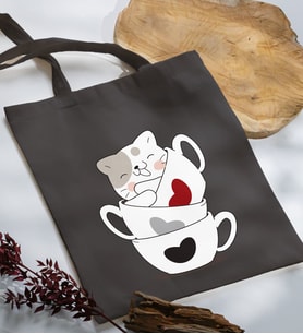 BK Gift Kedi Tasarımlı Antrasit Kumaş Bez Çanta, Baskılı Omuz Çantası, Alışveriş Çantası, Anneye Hediye-10