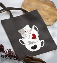 BK Gift Kedi Tasarımlı Antrasit Kumaş Bez Çanta, Baskılı Omuz Çantası, Alışveriş Çantası, Anneye Hediye-10