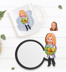 BK Gift Kişiye Özel Kadın Diyetisyen Karikatürlü Beyaz Kupa ve Ahşap Bardak Altlığı Hediye Seti-1