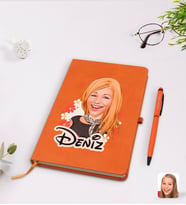 BK Gift Kişiye Özel Kadın Karikatürlü Turuncu Termo Deri Defter Kalem Seti Model 51