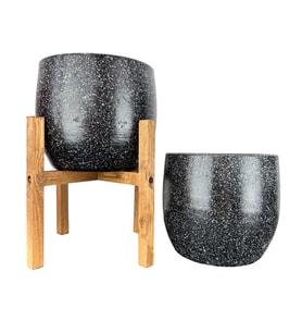 Bitki Tasarımı Ev Dekorasyon Aksesuar Siyah Granit Toprak Saksı Saksılık Salon Çiçeklik İkili Set Ayaksız - 4 Ayaklı- 19 CM