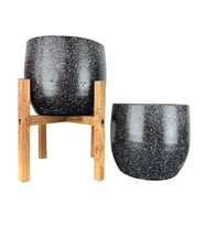 Bitki Tasarımı Ev Dekorasyon Aksesuar Siyah Granit Toprak Saksı Saksılık Salon Çiçeklik İkili Set Ayaksız - 4 Ayaklı- 19 CM