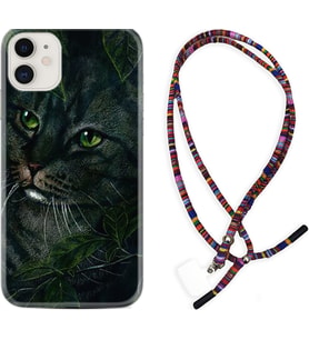 Apple iPhone 11 12 13 Mini Kılıf Boyun Asklı Rasta Silikon Flowers Cat 1345