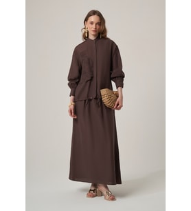FTZ Women Kadın Tencel Keten Etekli Takım Kahve 31382
