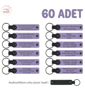 Özel Marka Etkinliklerine Hediye, 60'lı Set, İsim Yazılabilir Deri Anahtarlık, Mor Menekşe & Siyah (Lila - Mor)