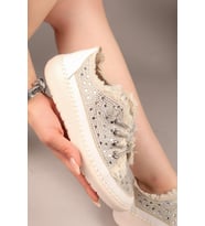 Aria 2410 Kadın Taşlı Kot Sneaker Ayakkabı (Bej)