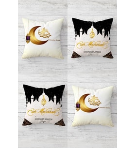 Ramazan Temalı Eid Mübarek Mescidli Gizli Fermuarlı Kırlent Kılıfı Koltuk Yastık Kılıfı Takım(4adet) (Gold)