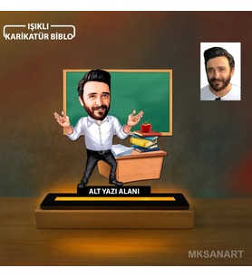 Erkek Sınıf Öğretmeni Karikatürlü Kişiye Özel Karikatürlü 14 cm MDF Işıklı Biblo - Öğretmen Hediyesi Öğretmene Özel Hediye 2. Model