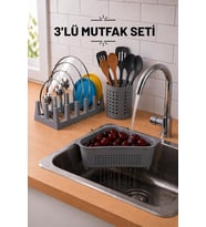 Pratik Tezgah Üstü Mutfak Düzenleyici 3'lü Set Tava Kapak Düzenleyici Kaşıklık ve Evye Süzgeci SDK-3