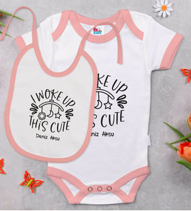 BK Kids Kişiye Özel This Cute Tasarımlı Pembe Bebek Body Zıbın ve Mama Önlüğü Hediye Seti