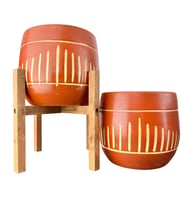Bitki Tasarımı  Dik Çizgi Desenli Toprak Saksı Saksılık Salon Çiçeklik İkili Set Ayaksız - 4 Ayaklı- 19 CM