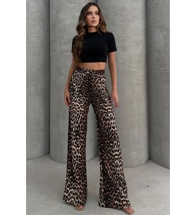 Lesa Wear Leopar Desenli Yumuşacık Yüksel Bel Geniş Paça Likralı Jarse Pantolon Flared