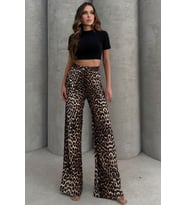 Lesa Wear Leopar Desenli Yumuşacık Yüksel Bel Geniş Paça Likralı Jarse Pantolon Flared