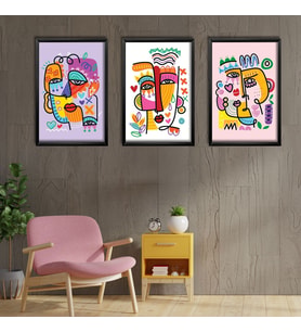 3'lü Ahşap Lamine Çerçeveli Mdf Tablo Pablo Picasso Renkli Portre (Siyah)